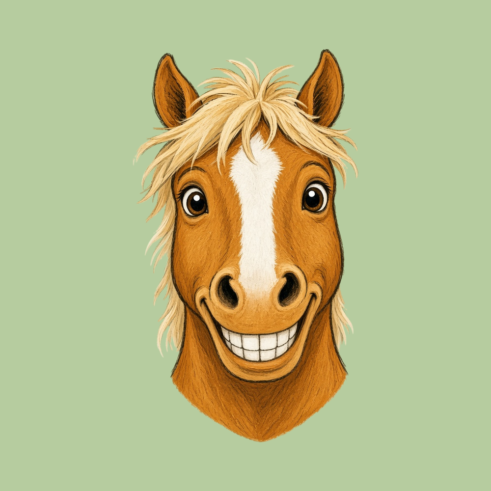 A drawn chestnut horse with a white blaze and a messy blond mane, grinning with big teeth, on a pale green background.